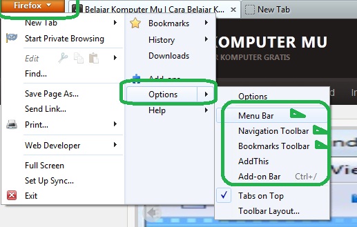 cara menampilkan toolbar dan menu bar mozila firefox yang hilang