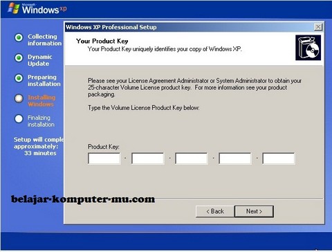 gambar jendela setup meminta produk key windows xp